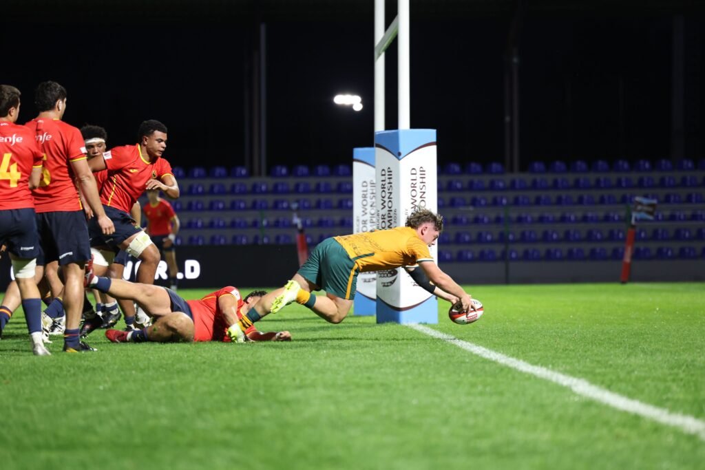 Action from the World Rugby Junior World Championship 2026 Pool D match between Australia and Spain at AIA Arena in Kutaisi, Georgia, on 27 June. Photo: Giorgi Arjevanidze / World Rugby.