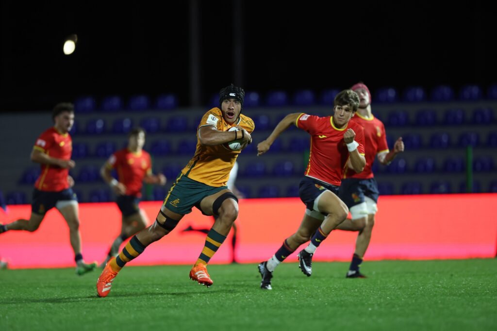 Action from the World Rugby Junior World Championship 2026 Pool D match between Australia and Spain at AIA Arena in Kutaisi, Georgia, on 27 June. Photo: Giorgi Arjevanidze / World Rugby.